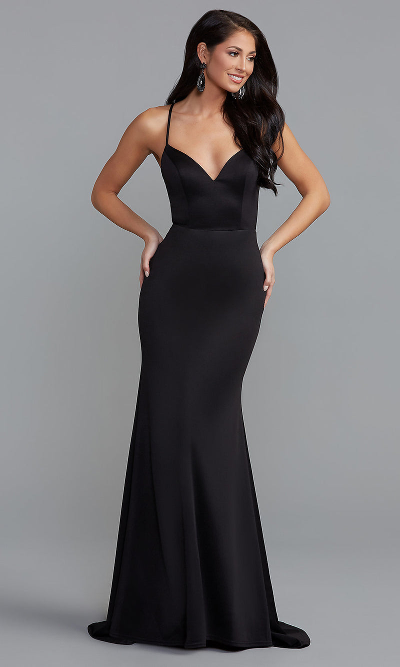 Lace-Back Simple Long Black Prom Dress - PromGirl