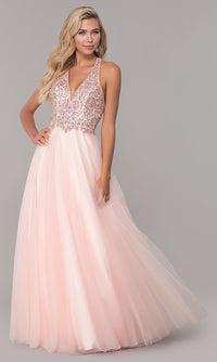 Dancing Queen-Long V-Neck Tulle Prom Dress with Beaded Bodice