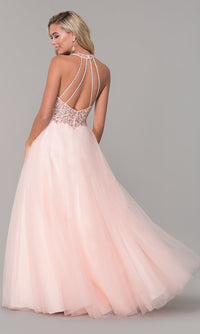 Dancing Queen-Long V-Neck Tulle Prom Dress with Beaded Bodice