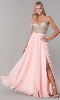 Long Illusion-Beaded-Bodice V-Neck Prom Dress