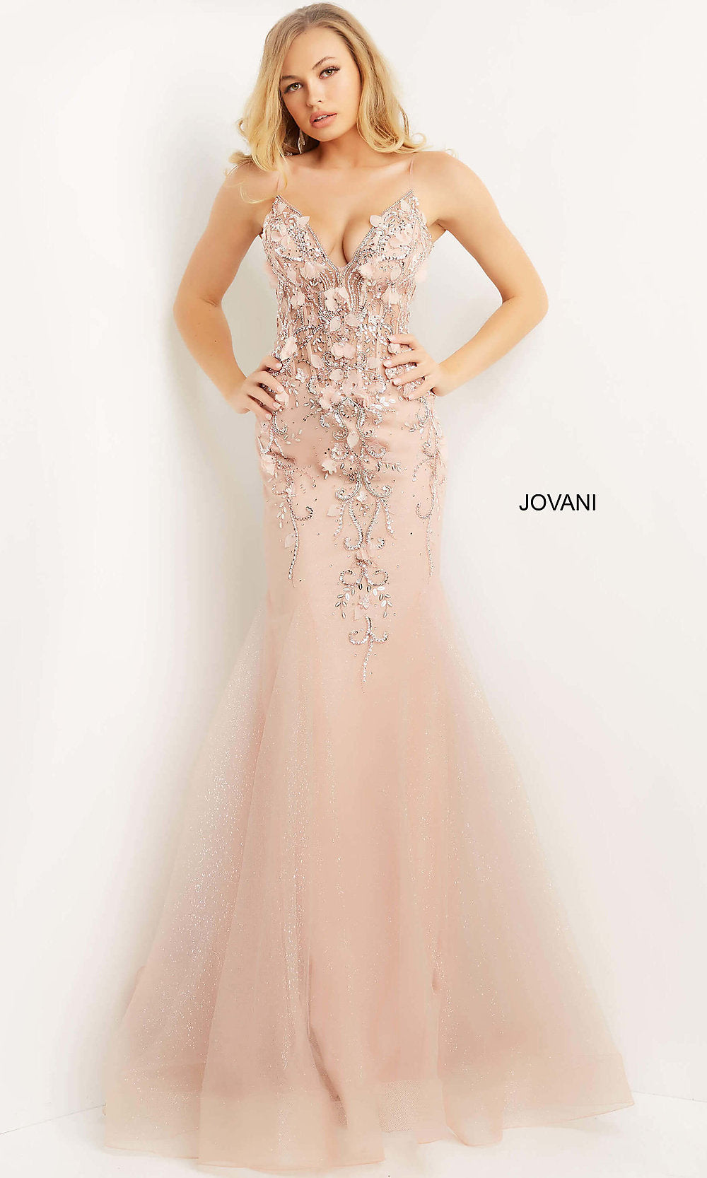 Jovani Sheer-Corset Prom Dress with Floral Embroidery