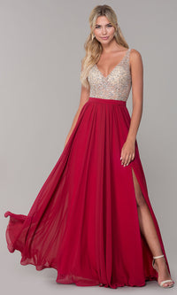 Long Illusion-Beaded-Bodice V-Neck Prom Dress