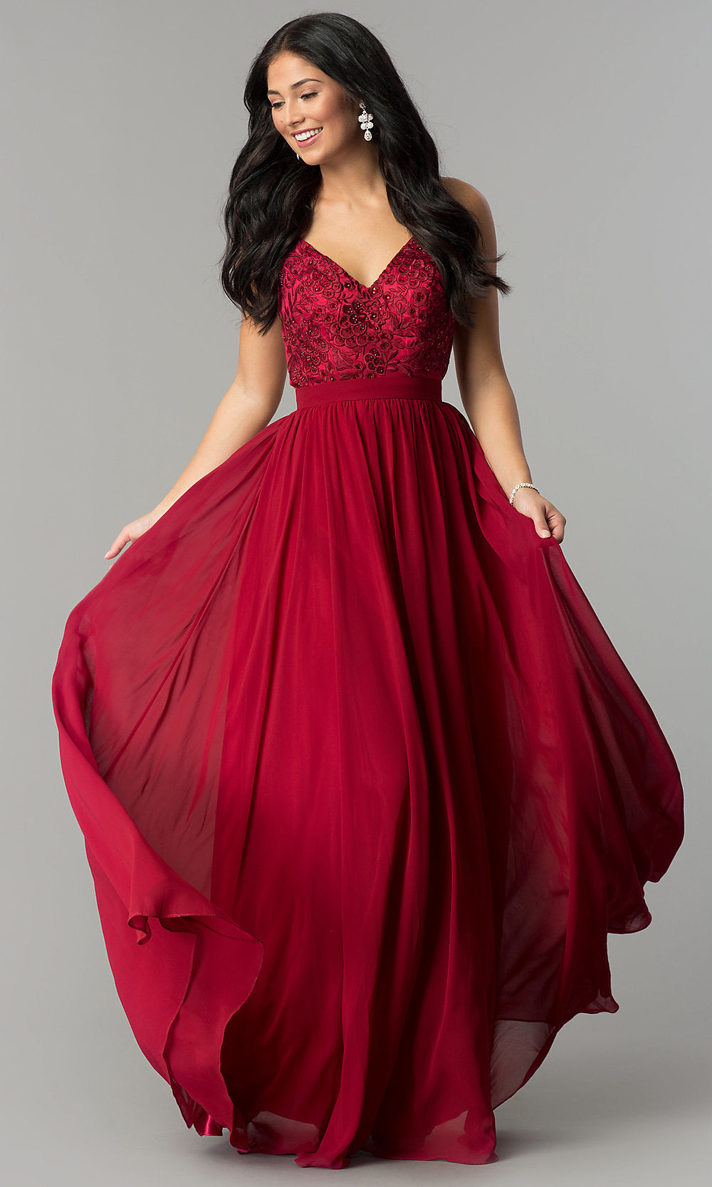 Burgundy Long Embroidered-Bodice Prom Dress PromGirl