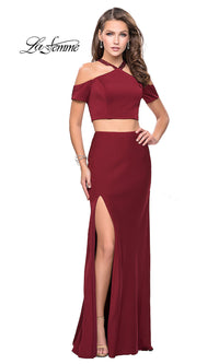 burgundy 2 piece prom dress