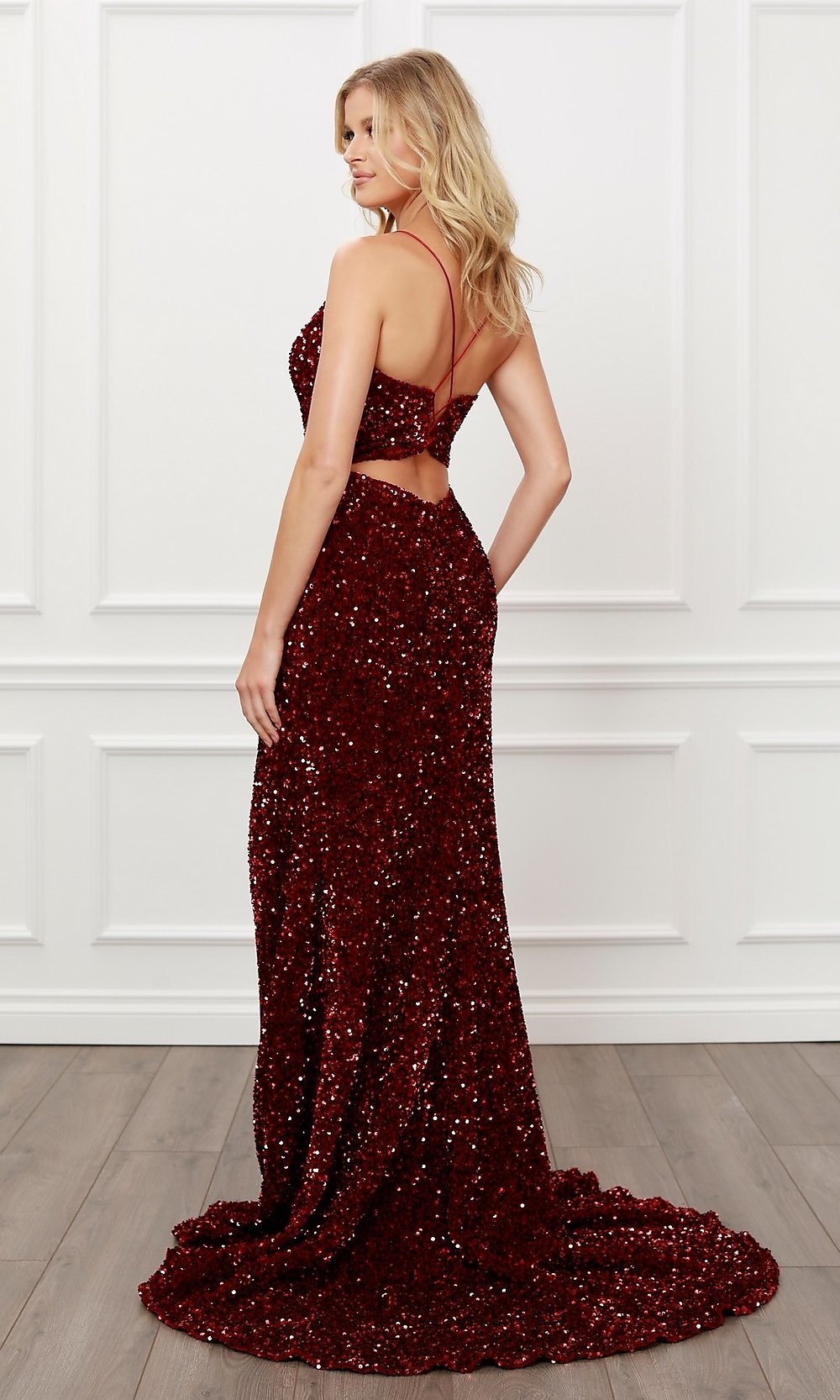 Red Sequin Strapless Glitter Evening Dress With High Slit Elegant