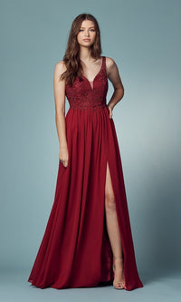 Low V-Neck Long A-Line Prom Dress with Skirt Slit