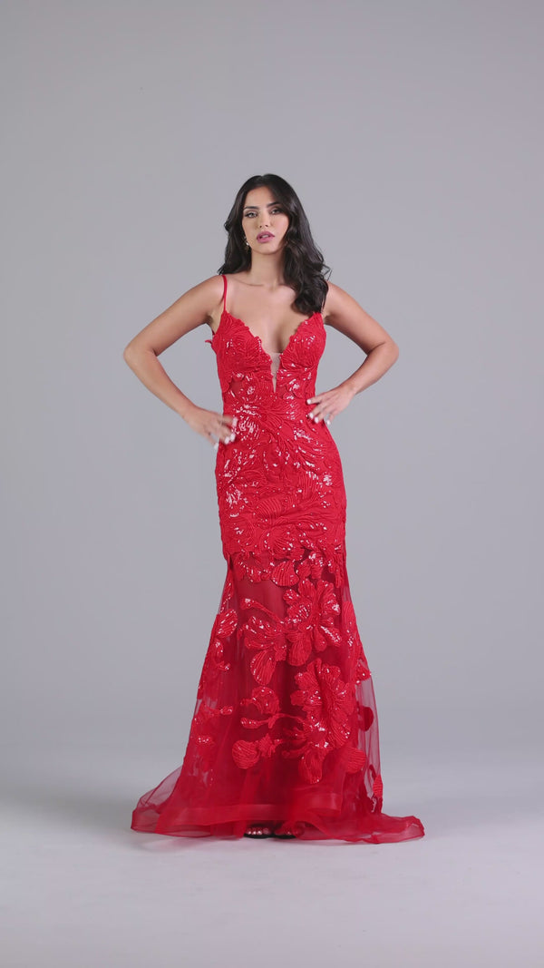 Long Red Lace Mermaid Prom Dress - PromGirl