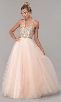 Dancing Queen-Long V-Neck Tulle Prom Dress with Beaded Bodice