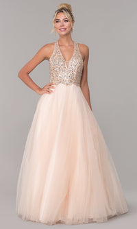 Dancing Queen-Long V-Neck Tulle Prom Dress with Beaded Bodice