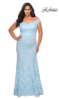 La Femme-Long Lace Empire-Waist Plus La Femme Prom Dress