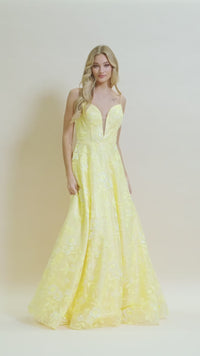 Long Yellow Prom Ball Gown with Plunging V-Neck