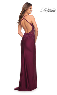 La Femme Beaded-Bodice Long Sleek Prom Dress