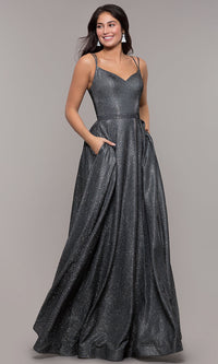 Metallic Long A-Line Prom Dress with Side Pockets