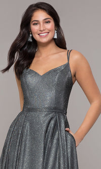 Metallic Long A-Line Prom Dress with Side Pockets