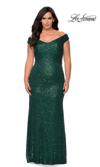 La Femme-Off-the-Shoulder Long Sequin Plus-Size Prom Dress