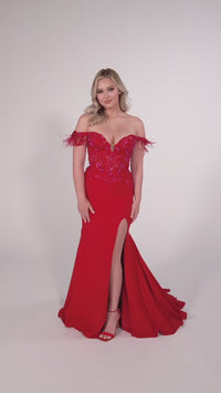 Ellie Wilde Feathered Off-Shoulder Long Prom Dress