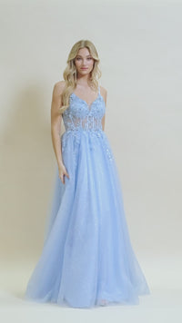 Sheer-Bodice Long Blue Prom Ball Gown