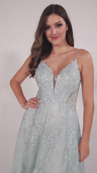 Ellie Wilde Sheer-Sides Beaded Long Prom Dress