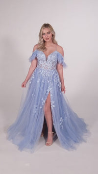 Glitter Ball Gown With Off The Shoulder Feather Sleeves