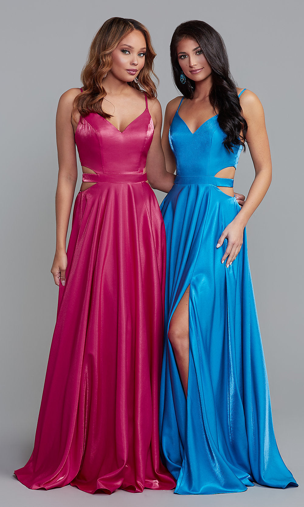 Long Shimmer Prom Dress with Side Cut Outs - PromGirl