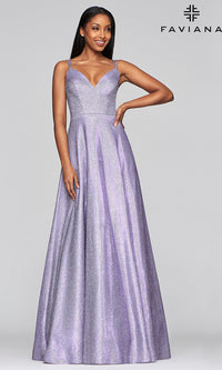 Long Metallic Glitter A-Line Prom Dress by Faviana