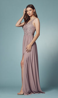 Low V-Neck Long A-Line Prom Dress with Skirt Slit