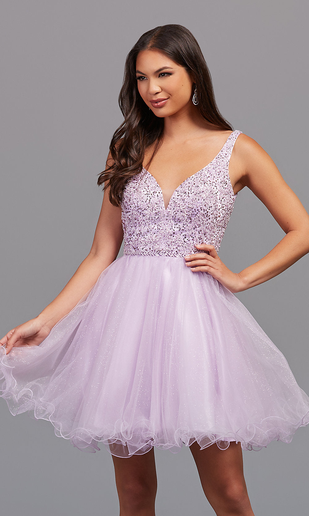 A-Line Short Glitter Rolled-Hem Prom Dress - PromGirl