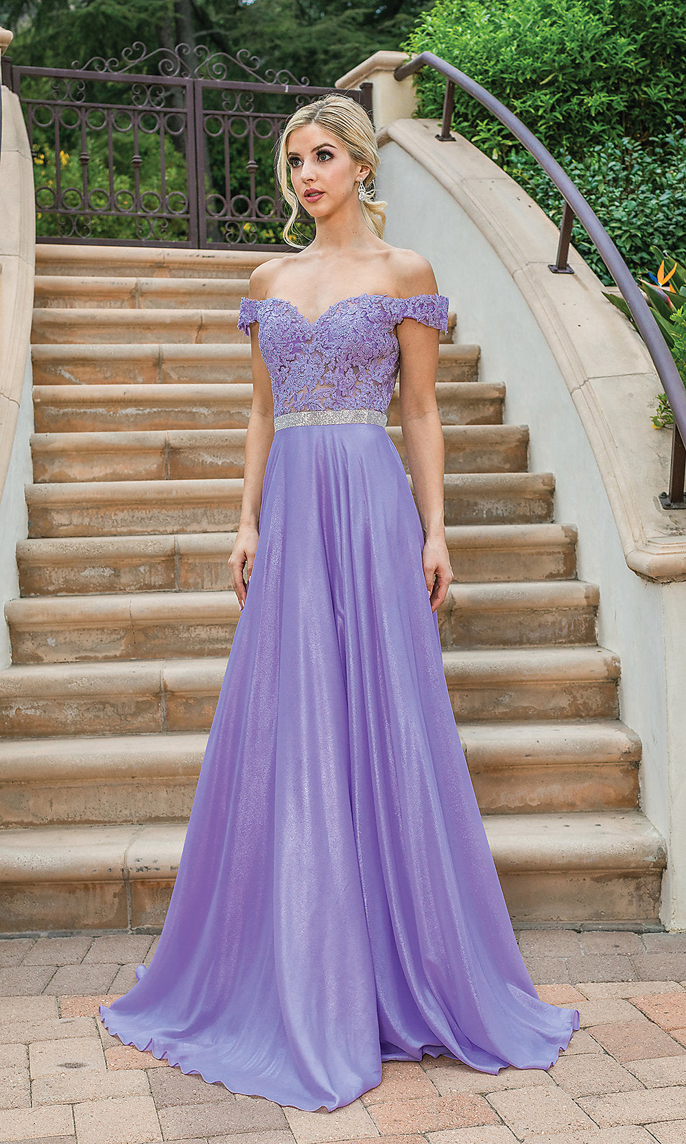 Sheer Embroidered Bodice Metallic Long Prom Dress Lilac XSmall