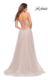 La Femme Long Beaded Tulle Ball Gown for Prom