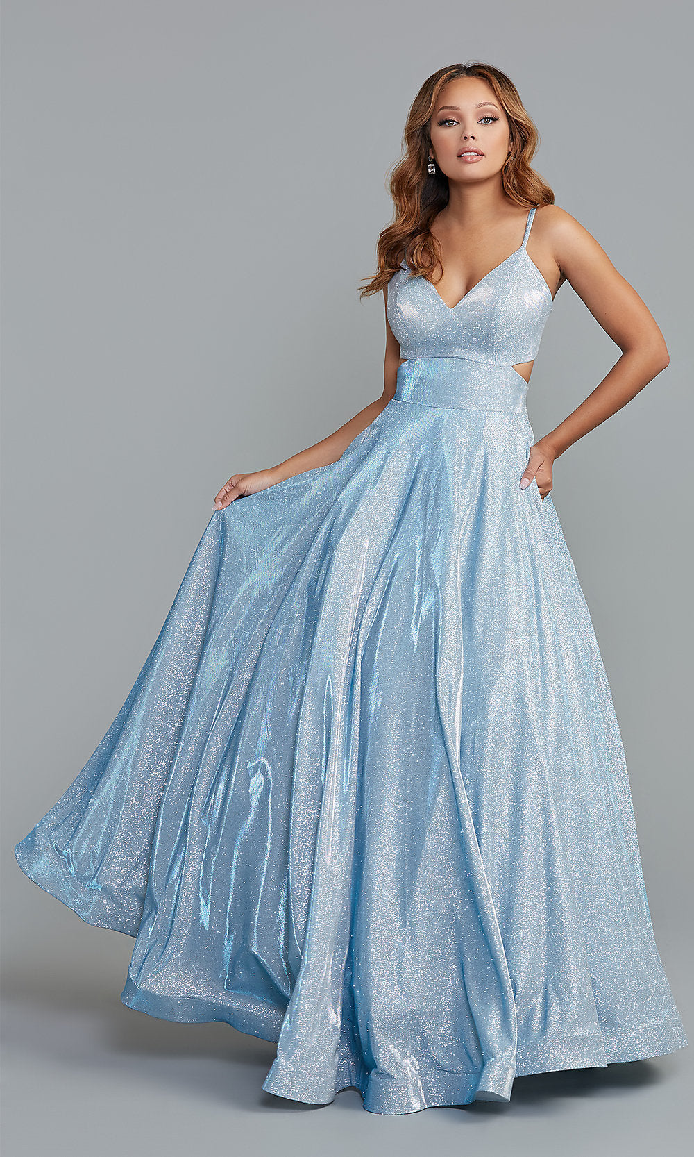 Aqua Blue Metallic Long Prom Ball Gown - PromGirl