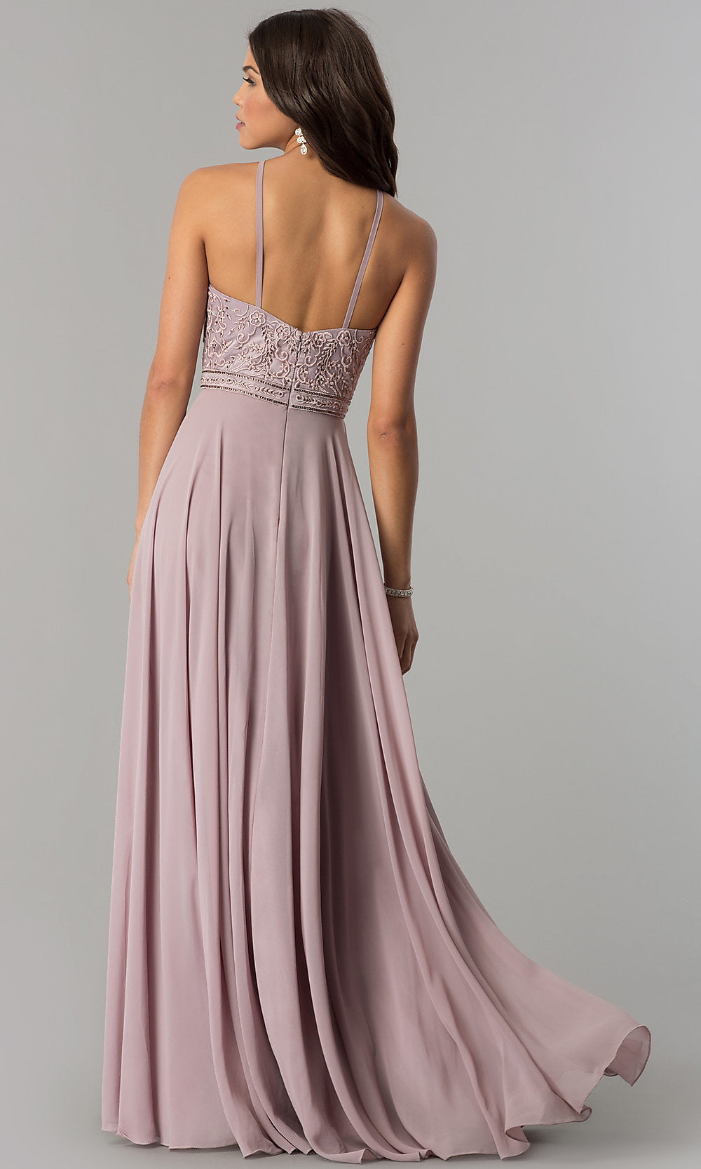 Embroidered-Bodice High-Neck Long Chiffon Prom Dress