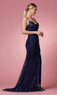 Narianna-Navy Blue Long Sequin Prom Dress with Lace-Up Back