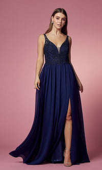 Low V-Neck Long A-Line Prom Dress with Skirt Slit