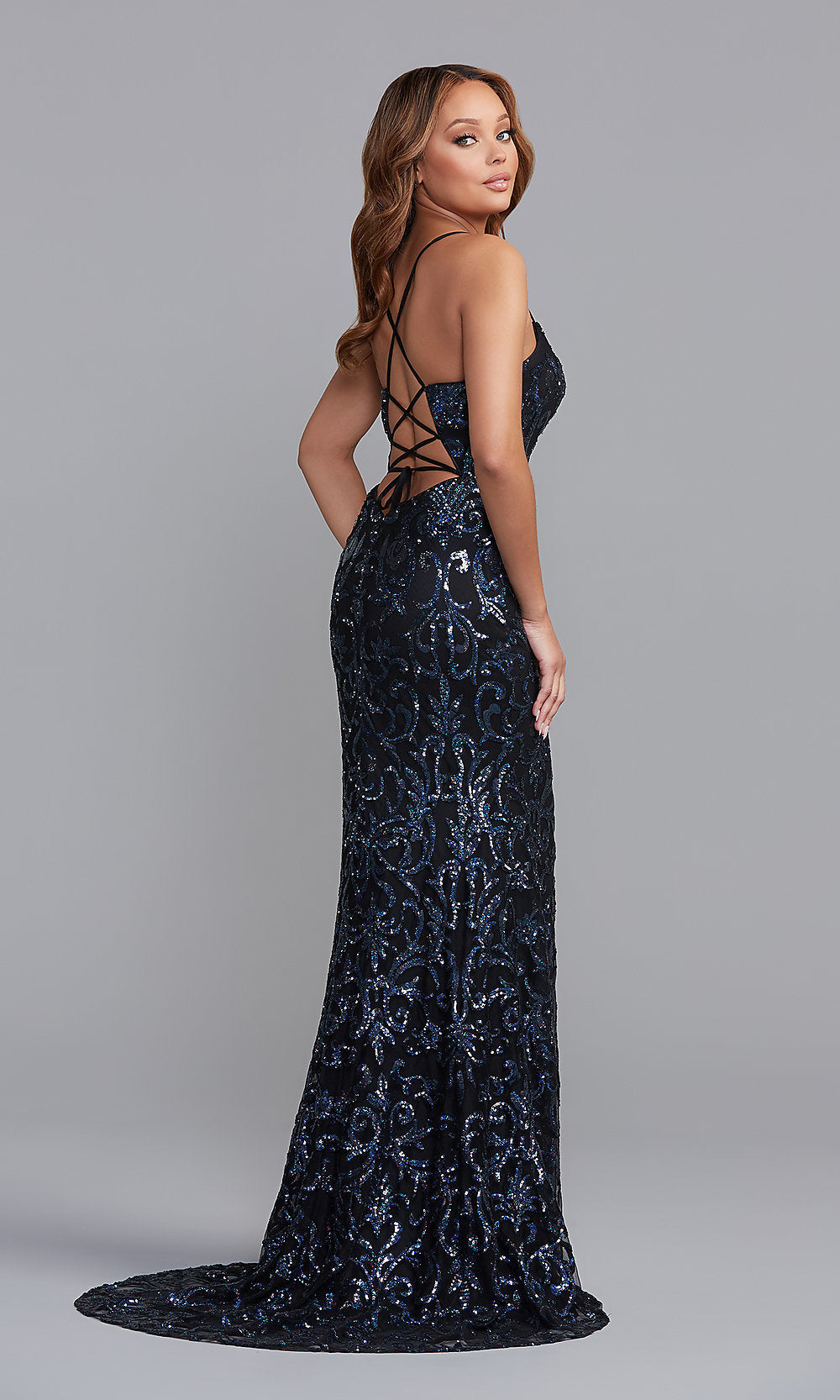 Corset-Style Long Sequin Prom Dress - PromGirl