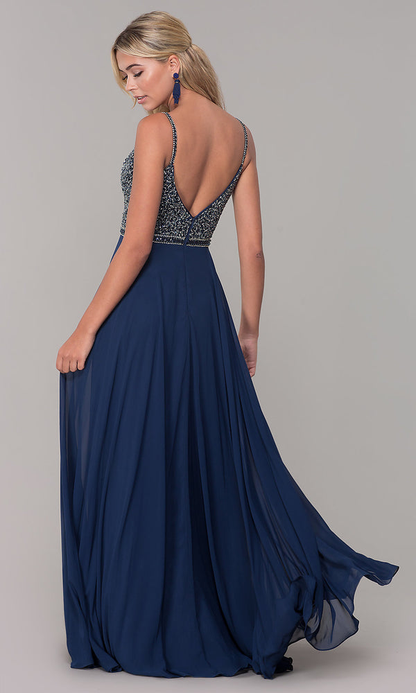 V-Neck Sleeveless Beaded-Bodice Long Prom Dress - PromGirl