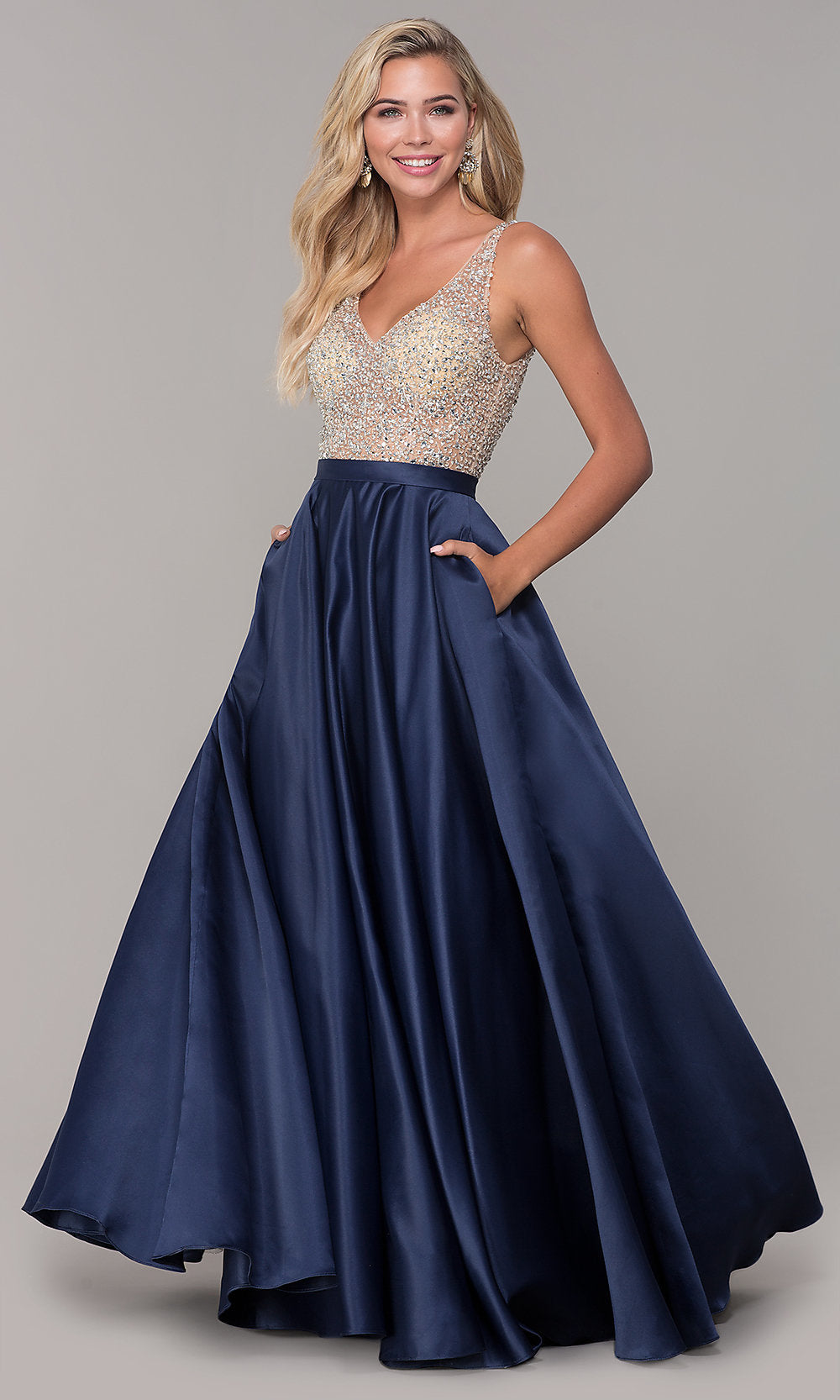 Long Open-Back V-Neck Prom Dress