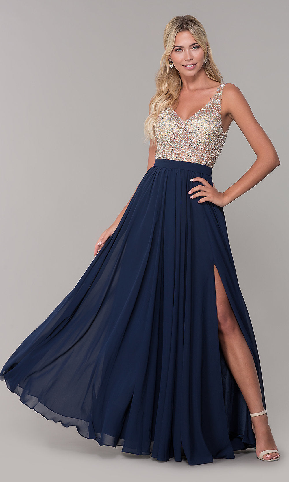 Long Illusion-Beaded-Bodice V-Neck Prom Dress