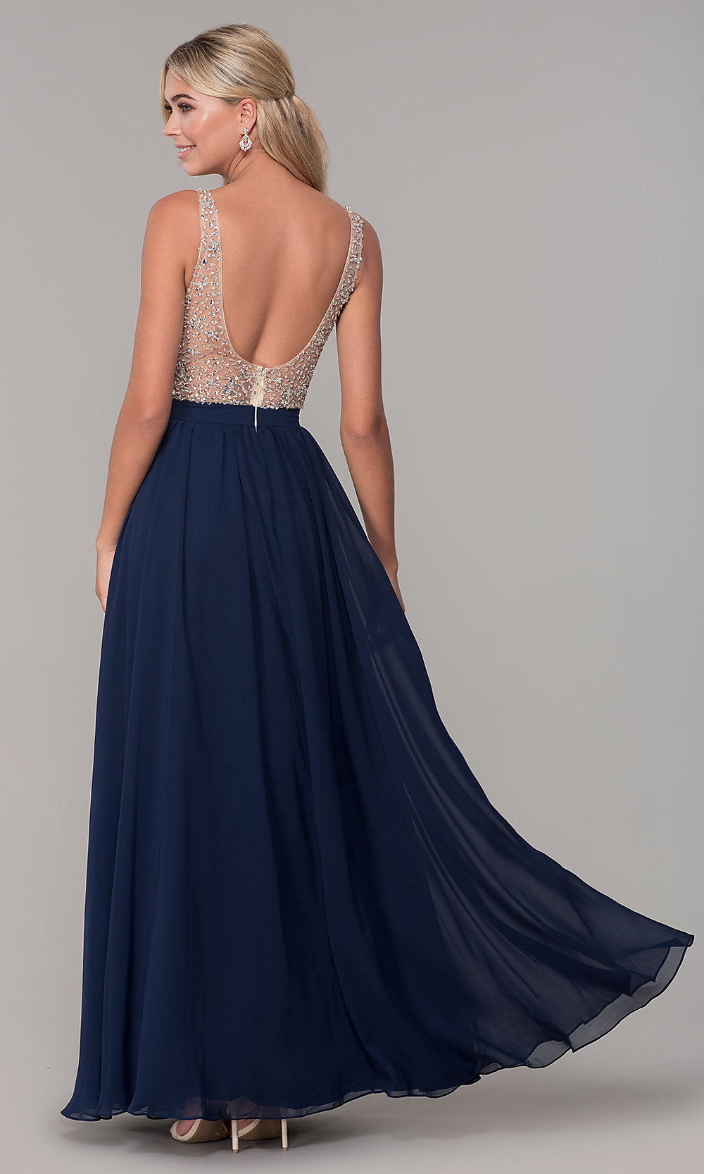 Long Illusion-Beaded-Bodice V-Neck Prom Dress