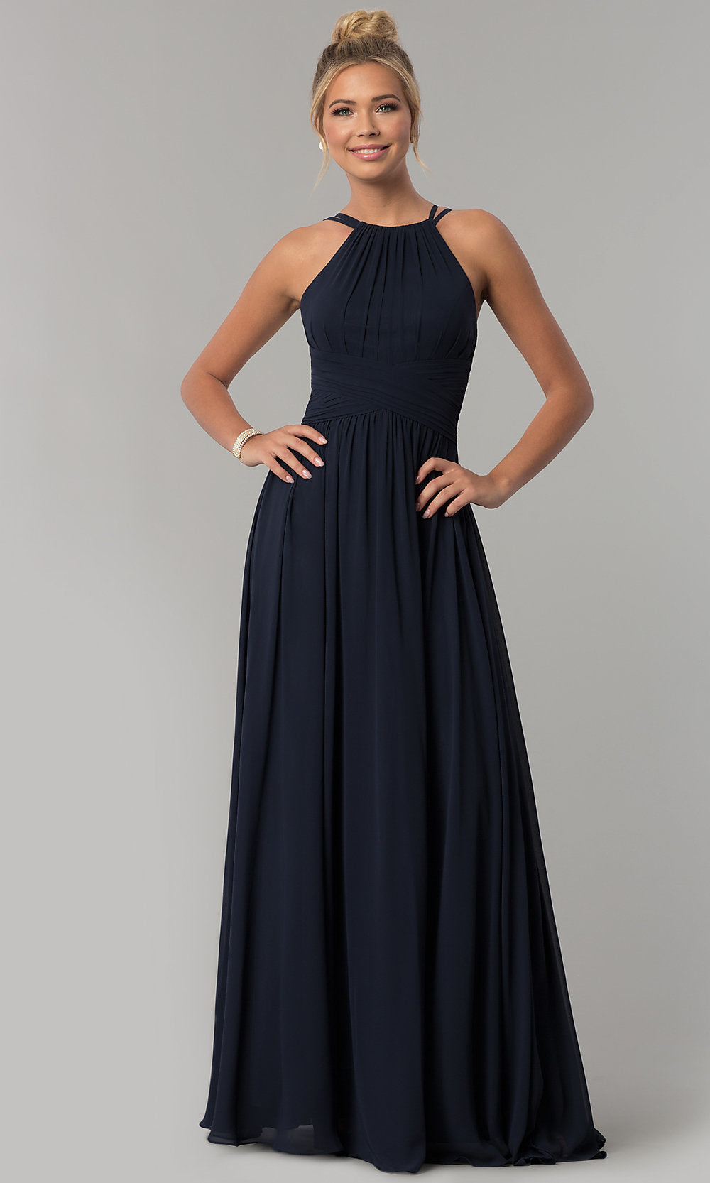 Navy High Neck Chiffon Maxi Dress