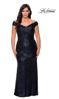 La Femme-Off-the-Shoulder Long Sequin Plus-Size Prom Dress