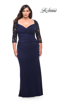 La Femme-Lace Sleeve Long Plus-Size Formal Gown by La Femme