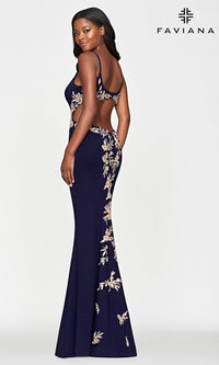 Faviana Long Navy Blue Prom Dress with Gold Beads