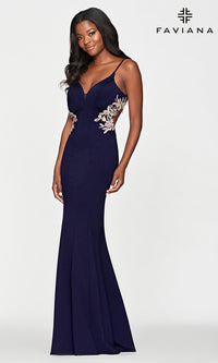 Faviana Long Navy Blue Prom Dress with Gold Beads