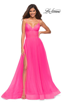 La Femme-La Femme Long Neon Pink Prom Ball Gown with Pockets