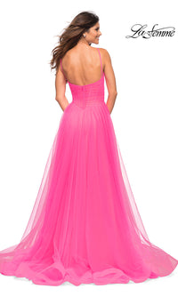 La Femme-La Femme Long Neon Pink Prom Ball Gown with Pockets