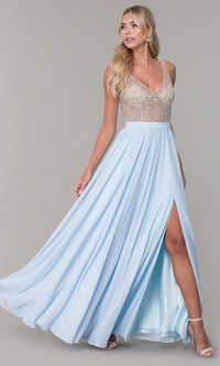 Long Illusion-Beaded-Bodice V-Neck Prom Dress