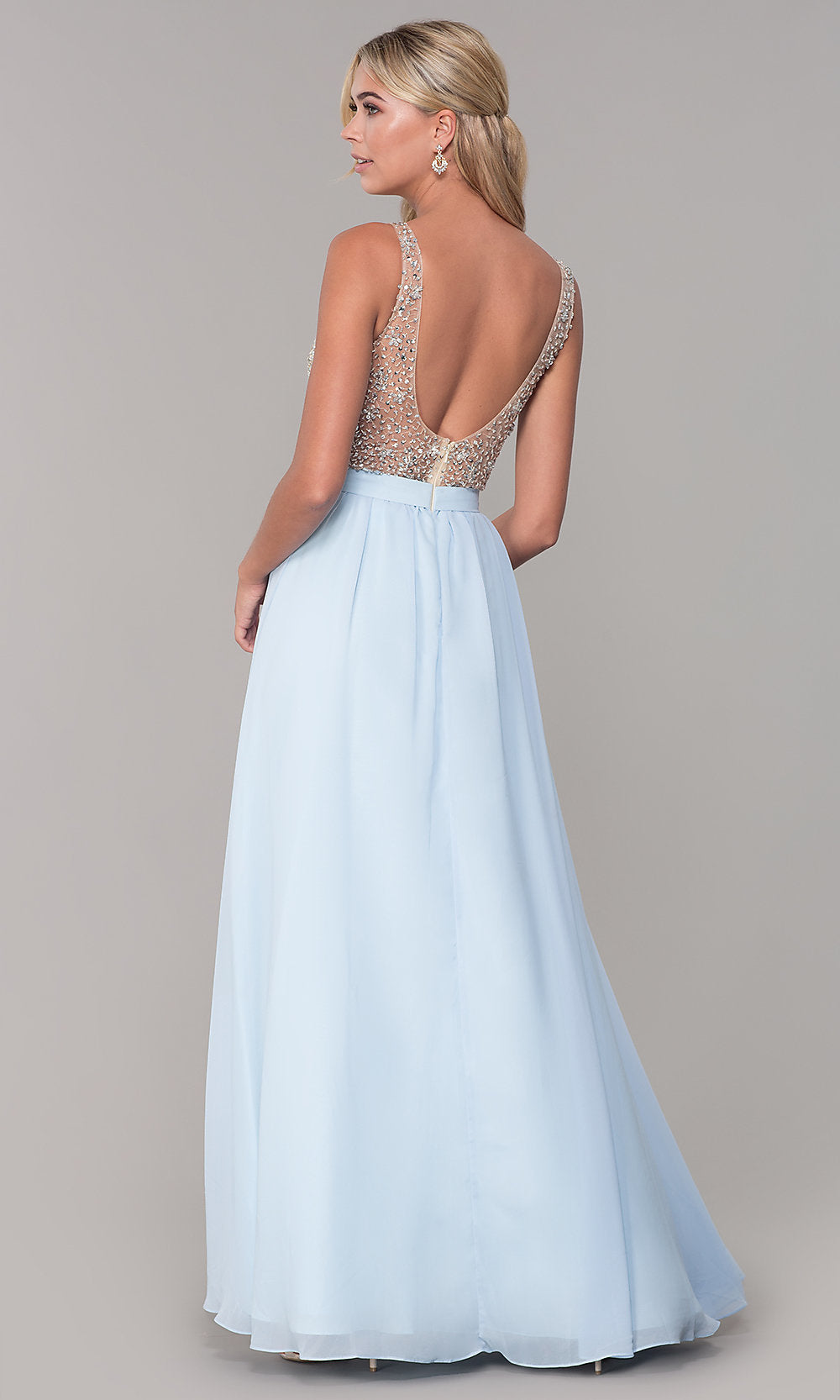 Long Illusion-Beaded-Bodice V-Neck Prom Dress