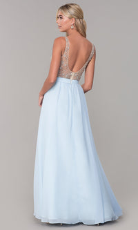 Long Illusion-Beaded-Bodice V-Neck Prom Dress