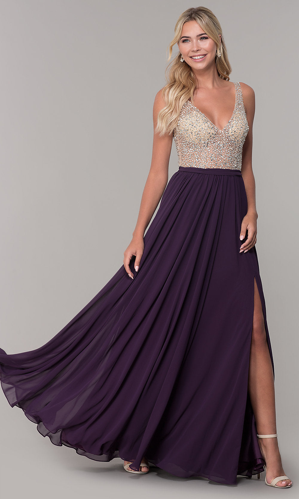 Long Illusion-Beaded-Bodice V-Neck Prom Dress