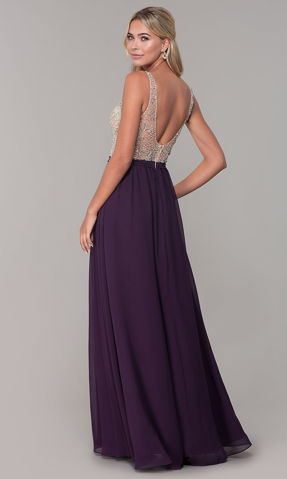 Long Illusion-Beaded-Bodice V-Neck Prom Dress